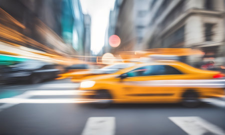 Motion blur city street with yellow taxiの素材