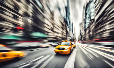 Motion blur city street with yellow taxiの素材