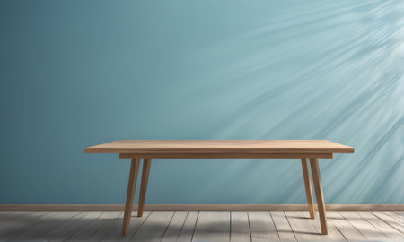 Wooden table and sunlit wall, product mockup templateの素材