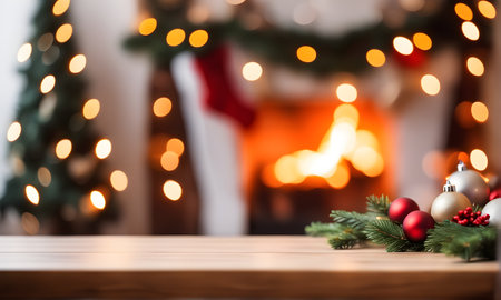 Empty wooden table in cozy festive Christmas home setting. Template or mockup for your product or Christmas greeting cardの素材