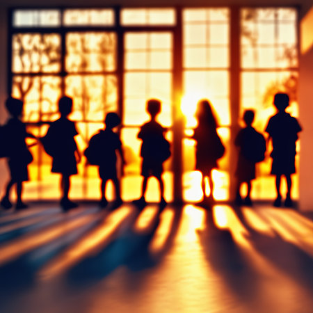 School with kids silhouettes. back to schoolの素材