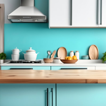 Empty kitchen table and blurred kitchen background. Template or mockup for your productの素材