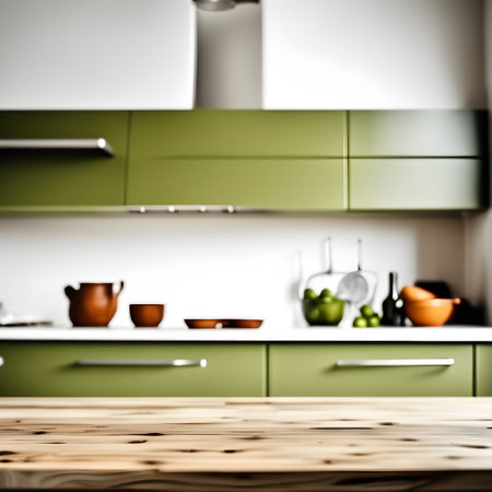 Empty kitchen table and blurred kitchen background. Template or mockup for your productの素材