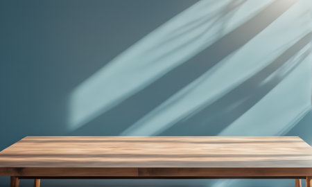 Wooden table and sunlit wall, product mockup templateの素材