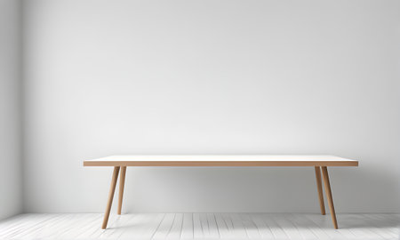 Empty wooden table, white wall, mockup or backdrop for productの素材