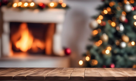 Christmas table with blurred fireplace backdrop. Template for your gift or productの素材