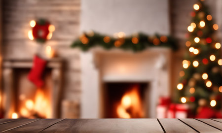 Christmas table with blurred fireplace backdrop. Template for your gift or productの素材