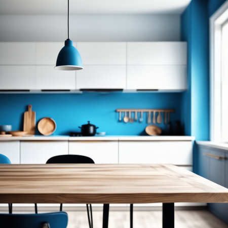 Empty kitchen table and blurred kitchen background. Template or mockup for your productの素材