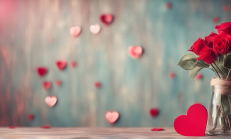 Valentine's Day love with hearts and roses. Greeting card with spaceの素材