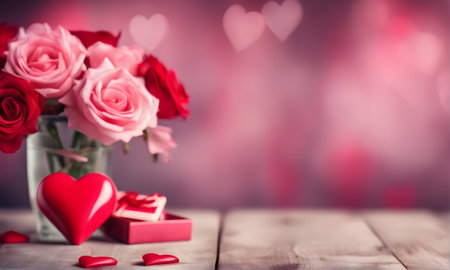 Valentine's Day love with hearts and roses. Greeting card with spaceの素材