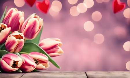 Beautiful tulip flowers bouquet and bokeh background. Valentine's day or Mother's day greeting card with spaceの素材