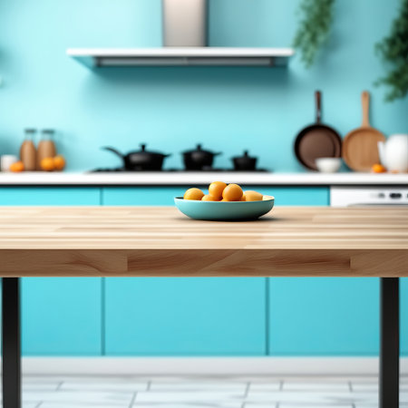 Empty kitchen table and blurred kitchen background. Template or mockup for your productの素材