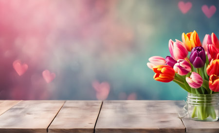 Beautiful tulip flowers bouquet and bokeh background. Valentine's day or Mother's day greeting card with spaceの素材