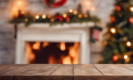Christmas table with blurred fireplace backdrop. Template for your gift or productの素材