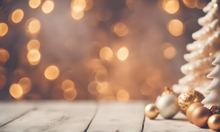 Empty wooden table, blurred Christmas background with copy space for your product. Mockup or templateの素材