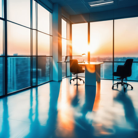 A modern and professional business office, ready for productive work and collaboration. Sunset moodの素材