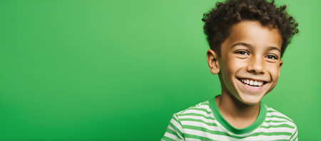Excited smiling boy on solid green background with copy spaceの素材