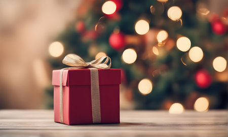 Christmas gift box on table with garland bokehの素材