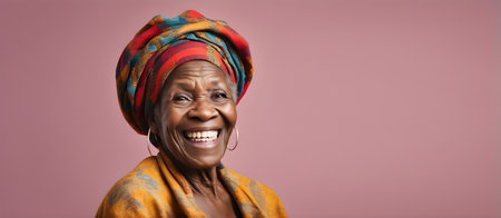 Smiling elderly African woman on plain background with copy spaceの素材