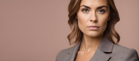 Portrait of serious businesswoman on solid background with copy spaceの素材