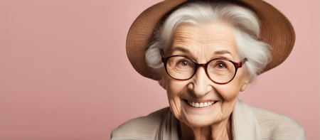 Smiling elderly woman on plain background with copy spaceの素材