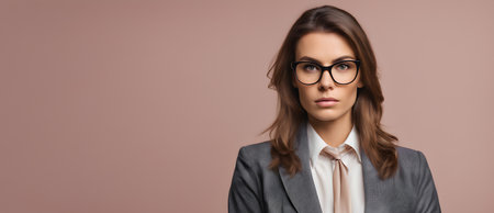 Portrait of serious businesswoman on solid background with copy spaceの素材