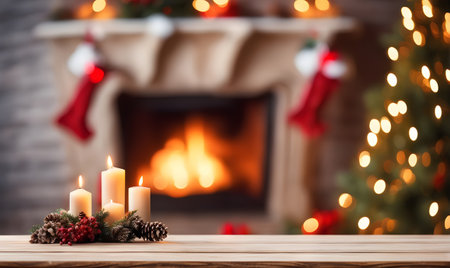 Christmas table with blurred fireplace backdrop. Template for your gift or productの素材