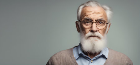 Serious elderly man on plain background with copy spaceの素材