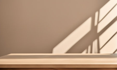 Wooden table and sunlit wall, product mockup templateの素材