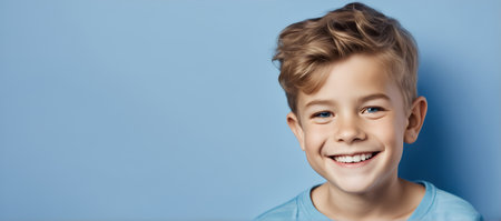 Excited smiling boy on solid blue background with copy spaceの素材