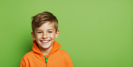 Excited smiling boy on solid color background with copy spaceの素材