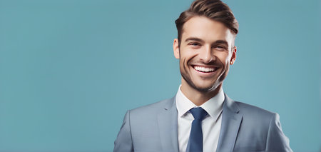 Portrait of smiling businessman on solid background with copy spaceの素材