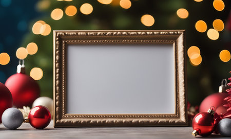 Christmas frame mockup on festively Xmas decorated tableの素材