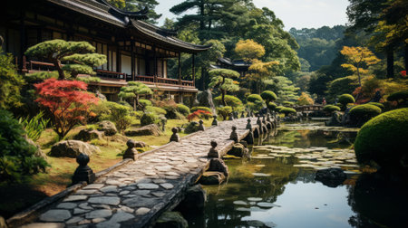 Enchanting Kyoto's Japanese Garden in a Charming Cartoon Style. Serene, Blossoms, Tranquil, Zenの素材