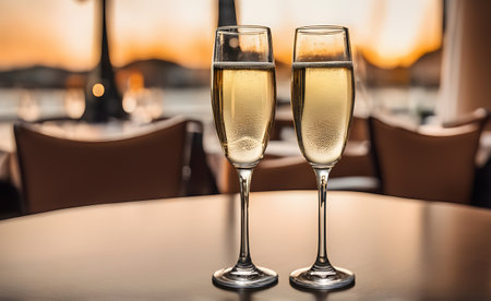 Champagne glasses on restaurant table, romantic celebrationの素材