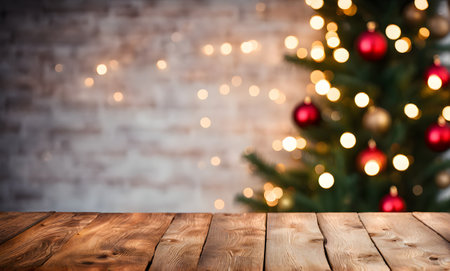 Empty table, blurred Christmas background with copy space for your product. Mockup or templateの素材
