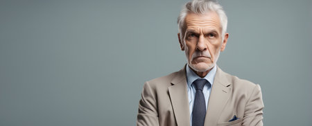 Serious elderly businessman on plain background with copy spaceの素材