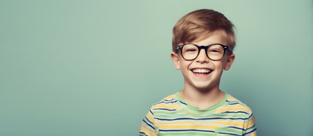 Excited smiling boy on solid color background with copy spaceの素材