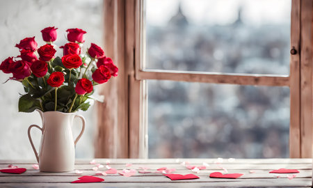 Red rose flowers bouquet on table with copy space for Valentine's greeting cardの素材