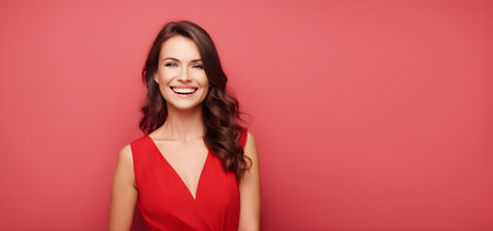 Smiling beautiful woman on solid red background with copy spaceの素材