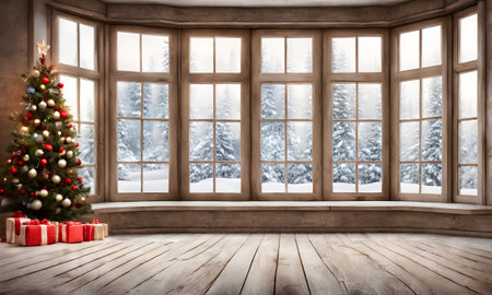 Christmas decorated cozy home interior with Xmas fir tree and empty spaceの素材