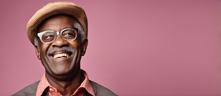 Smiling elderly Black man on plain background with copy spaceの素材