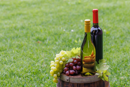 Wine bottles and grapes on barrel outdoors with copy space
