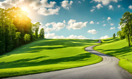 Scenic landscape with lush green field and winding roadの素材