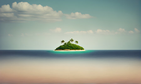 Solitary island with palms on the distant sea horizonの素材