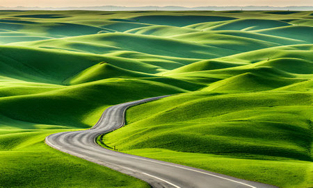 Scenic landscape with lush green field and winding roadの素材