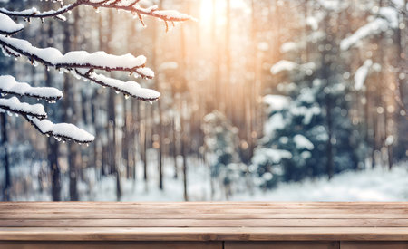 Empty wooden table, blurred winter background with copy space for your product. Mockup or template for Christmas giftの素材