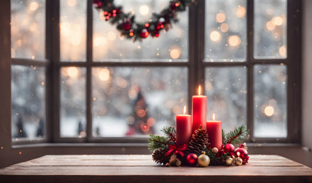 Wooden table, blurred Christmas decorated interior background with copy space for your product. Mockup or templateの素材