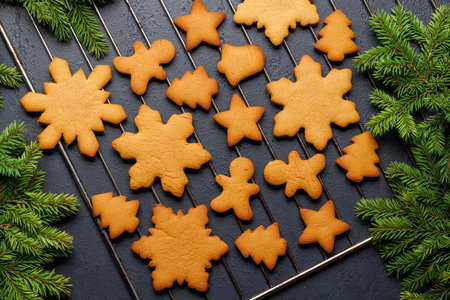 Gingerbread cookies and fir tree branch. Christmas holiday card