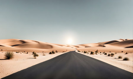 Sunny desert landscape with an asphalt road stretching into the horizonの素材